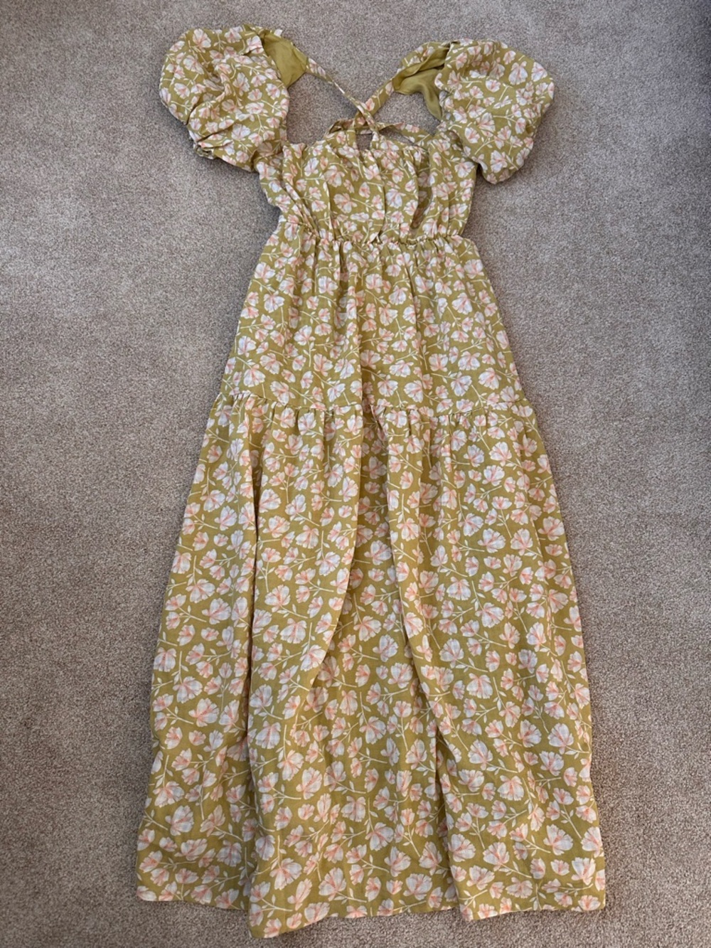 ASTR The Label Floral Midi Dress Green Pink Puff Sleeve Tie Back Size Large - Picture 7 of 14